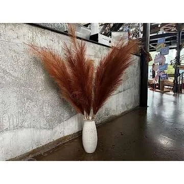 Faux Caramel Brown Pampas Grass Decor Tall , 8pcs 43.3" Large Pompas Floral, Fluffy Artificial Fake Long Feather Flowers for Boho Wedding Bedroom Living Room Decor(Burnt Orange Brown)