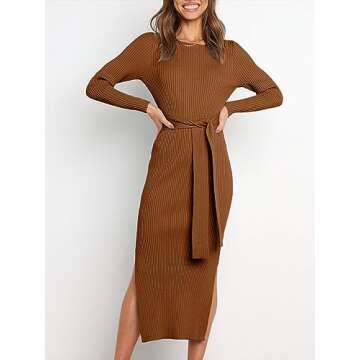 ANRABESS Womens Long Sleeve Sweater Dress Crew Neck Slim Fit Slit Tie Waist 2025 Ribbed Knit Bodycon...