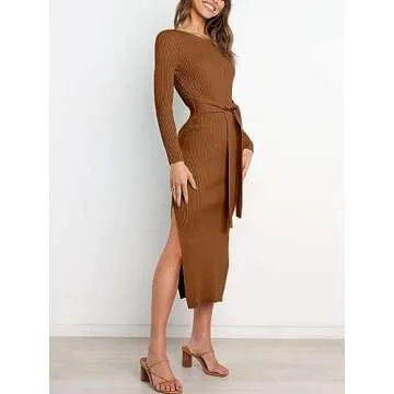 ANRABESS Womens Long Sleeve Sweater Dress Crew Neck Slim Fit Slit Tie Waist 2025 Ribbed Knit Bodycon Midi Dress Fall Outfits 623hongzong-S Caramel