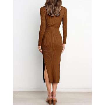 ANRABESS Womens Long Sleeve Sweater Dress Crew Neck Slim Fit Slit Tie Waist 2025 Ribbed Knit Bodycon Midi Dress Fall Outfits 623hongzong-S Caramel