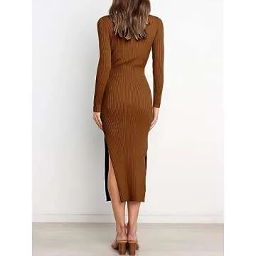 ANRABESS Womens Long Sleeve Sweater Dress Crew Neck Slim Fit Slit Tie Waist 2025 Ribbed Knit Bodycon Midi Dress Fall Outfits 623hongzong-S Caramel
