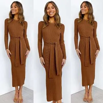 ANRABESS Womens Long Sleeve Sweater Dress Crew Neck Slim Fit Slit Tie Waist 2025 Ribbed Knit Bodycon Midi Dress Fall Outfits 623hongzong-S Caramel
