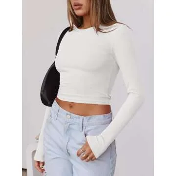 ANRABESS Womens Crewneck Long Sleeve Crop Tops Ribbed Knit Slim Fit Tee 2024 Basic Going Out Shirts Workout Outfits