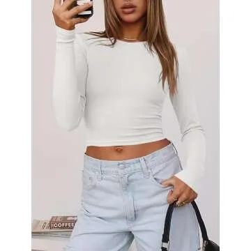 ANRABESS Womens Crewneck Long Sleeve Crop Tops Ribbed Knit Slim Fit Tee 2024 Basic Going Out Shirts Workout Outfits