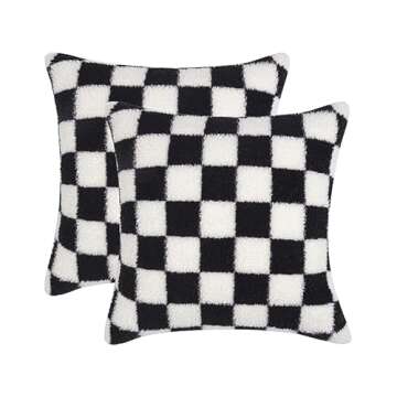 WEMEON Checkered Pillow Cover 18x18 Set of 2Luxury Style Checkerboard Pattern Cushion Case,Checkerboard Pattern Super Soft Faux Fur Wool Throw Pillows for Couch Living Room(Black/White)