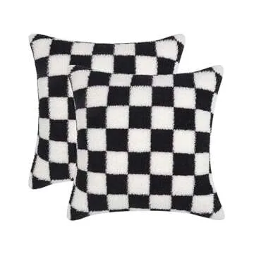 WEMEON Checkered Pillow Cover 18x18 Set of 2Luxury Style Checkerboard Pattern Cushion Case,Checkerboard Pattern Super Soft Faux Fur Wool Throw Pillows for Couch Living Room(Black/White)