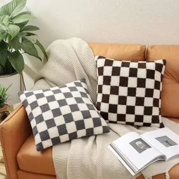 WEMEON Checkered Pillow Cover 18x18 Set of 2Luxury Style Checkerboard Pattern Cushion Case,Checkerboard Pattern Super Soft Faux Fur Wool Throw Pillows for Couch Living Room(Black/White)