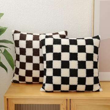 WEMEON Checkered Pillow Cover 18x18 Set of 2Luxury Style Checkerboard Pattern Cushion Case,Checkerboard Pattern Super Soft Faux Fur Wool Throw Pillows for Couch Living Room(Black/White)