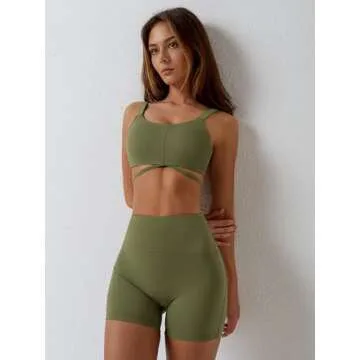ABOCIW Workout Sets for Women 2 Piece Strappy Sports Bra High Waist Booty Biker Shorts Yoga Outfits Macthing Gym Sets for Women Y-Amry Green Small