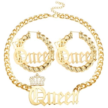 SAILIMUE Queen Pendant Curb Chain Necklace with Oversize Statement 90s Bamboo Hoop Earring Set for W...