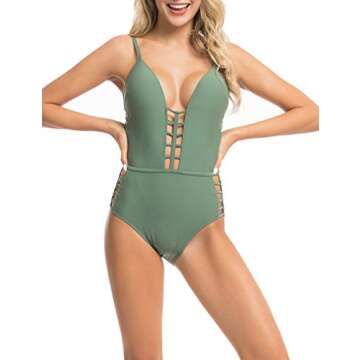 Hilor Women's One Piece Swimwear Deep V Plunge Swimsuits Cut Out Bathing Suit High Waisted Monokinis Army Green S/4-6