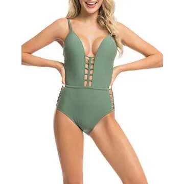 Hilor Women's One Piece Swimwear Deep V Plunge Swimsuits Cut Out Bathing Suit High Waisted Monokinis Army Green S/4-6