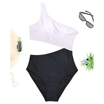 Yonique Women's One Piece Bathing Suit One Shoulder Swimsuit Cutout Swimwear Monokini White and Black M