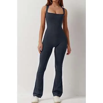 QINSEN Woman's Stretch Square Neck Long Pants Jumpsuit Slimming Fit Curvy Flare One Piece Outfits Romper Grey Navy S