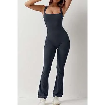 QINSEN Woman's Stretch Square Neck Long Pants Jumpsuit Slimming Fit Curvy Flare One Piece Outfits Romper Grey Navy S
