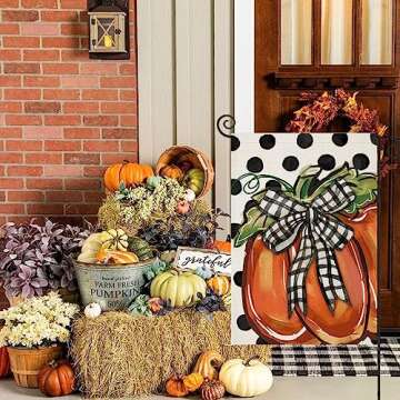 Fall Pumpkin Garden Flags for Outside Decorations, Thanksgiving Watercolor Pumpkin with Bow Tie Black Dots Small Yard Flag, Harvest Autumn Seasonal Farmhouse Holiday Outdoor Decor 12x18 Inch Vertical