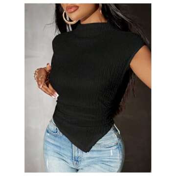 SHENHE Women's Mock Neck Cap Sleeve Ruched Fitted Tshirt Asymmetrical Textured Going Out Top Black Small