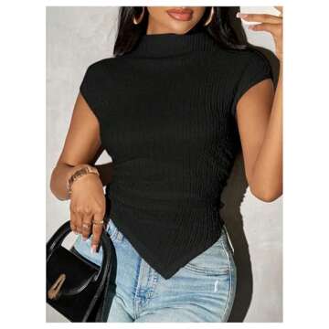 SHENHE Women's Mock Neck Cap Sleeve Ruched Fitted Tshirt Asymmetrical Textured Going Out Top Black Small