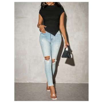 SHENHE Women's Mock Neck Cap Sleeve Ruched Fitted Tshirt Asymmetrical Textured Going Out Top Black Small