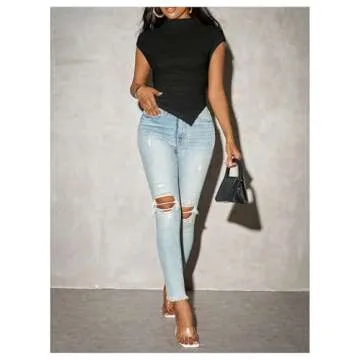 SHENHE Women's Mock Neck Cap Sleeve Ruched Fitted Tshirt Asymmetrical Textured Going Out Top Black Small