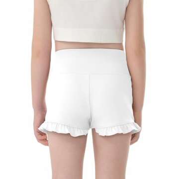 Haloumoning Girls Athletic Ruffle Shorts V Crossover High Waisted Yoga Dance Shorts Comfy Gymnastics Shorts 5-14Y White