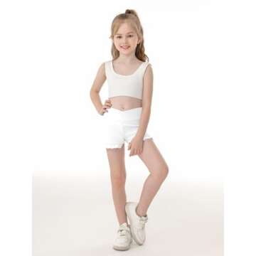 Haloumoning Girls Athletic Ruffle Shorts V Crossover High Waisted Yoga Dance Shorts Comfy Gymnastics Shorts 5-14Y White