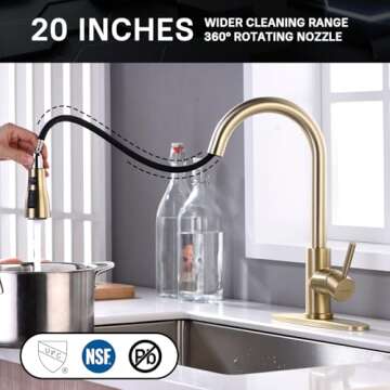 WEWE Brushed Gold Kitchen Faucet with Pull Down Sprayer, Single Handle Gold Kitchen Sink Faucet Stainless Steel Brass Copper Commercial RV 1 or 3 Hole, Champagne Bronze