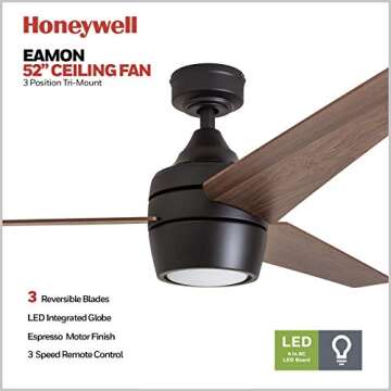 Honeywell Ceiling Fans Eamon Modern 52 Inch Ceiling Fan with Light, Remote Control Fan, LED Indoor F...
