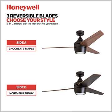 Honeywell Ceiling Fans Eamon Modern 52 Inch Ceiling Fan with Light, Remote Control Fan, LED Indoor Fan with 3 Blades, Brown Maple and Black Blade Finish Options, Bronze (50603-01)