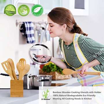 Kitchen Cooking Utensils Set - 6 Pieces Bamboo Wooden Spoons & Spatulas and 1 Holder as House Warmin...