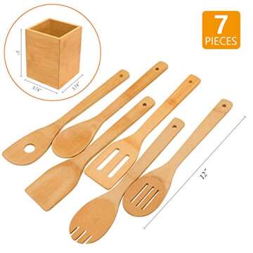 Kitchen Cooking Utensils Set - 6 Pieces Bamboo Wooden Spoons & Spatulas and 1 Holder as House Warming Presents, Heat Resistant for Non Stick Cookware