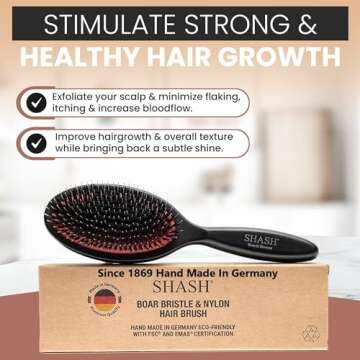 Made In Germany - SHASH + KELLER BÜERSTENFABRIK Nylon Boar Bristle Brush Suitable For Normal to Thick Hair Gently Detangles, No Pulling or Split Ends - Softens Hair Texture, Stimulates (Medium)