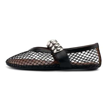 DREAMCIA Mesh Ballet Flats Rhinestone Buckle Strap Embellished Ballerina Shoes Fishnet Mary Jane Fla...