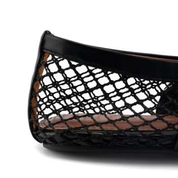 DREAMCIA Mesh Ballet Flats Rhinestone Buckle Strap Embellished Ballerina Shoes Fishnet Mary Jane Flats Metallic Gem Slip-on Round Toe for Women Comfy Casual Office Daily Shoes