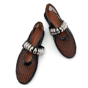 DREAMCIA Mesh Ballet Flats Rhinestone Buckle Strap Embellished Ballerina Shoes Fishnet Mary Jane Flats Metallic Gem Slip-on Round Toe for Women Comfy Casual Office Daily Shoes