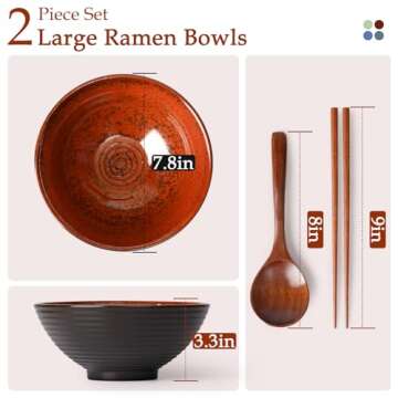 NUTRIUPS 8 Inch Ceramic Ramen Bowl Set of 2 Pho Bowls 40oz Japanese Noodle Udon Soup Bowls with Spoo...