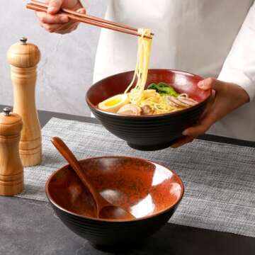 NUTRIUPS 8 Inch Ceramic Ramen Bowl Set of 2 Pho Bowls 40oz Japanese Noodle Udon Soup Bowls with Spoons and Chopsticks (Agate Red)
