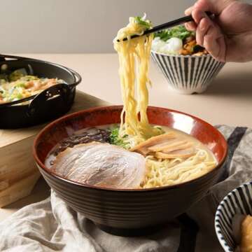 NUTRIUPS 8 Inch Ceramic Ramen Bowl Set of 2 Pho Bowls 40oz Japanese Noodle Udon Soup Bowls with Spoons and Chopsticks (Agate Red)