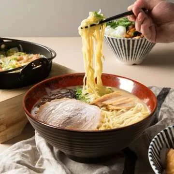 NUTRIUPS 8 Inch Ceramic Ramen Bowl Set of 2 Pho Bowls 40oz Japanese Noodle Udon Soup Bowls with Spoons and Chopsticks (Agate Red)