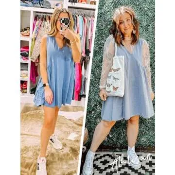 Athlisan Womens Summer Sleeveless Mini Dress Casual Loose V Neck Sundress with Pockets(Bluegrey-XS)