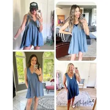 Athlisan Womens Summer Sleeveless Mini Dress Casual Loose V Neck Sundress with Pockets(Bluegrey-XS)
