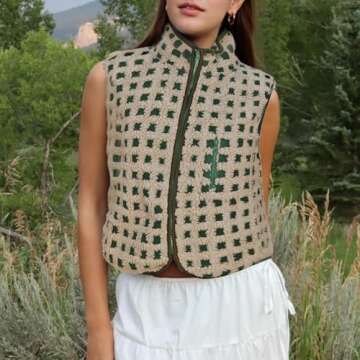 SeeLuNa Women's Checkered Sherpa Vest - Stylish Winter Gilet