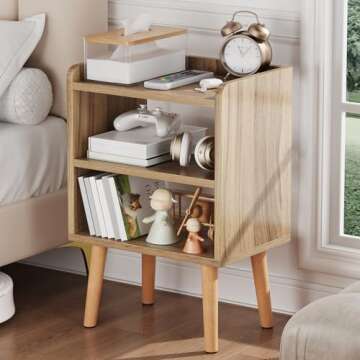 LUCKNOCK Night Stand, Modern Bedside Tables, Mid Century Nightstands with Open Storage Shelf, Wood Bedside Table, Small Night Stands for Bedroom, 3-Tier Night Table, Walnut.