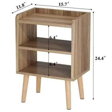 LUCKNOCK Night Stand, Modern Bedside Tables, Mid Century Nightstands with Open Storage Shelf, Wood Bedside Table, Small Night Stands for Bedroom, 3-Tier Night Table, Walnut.