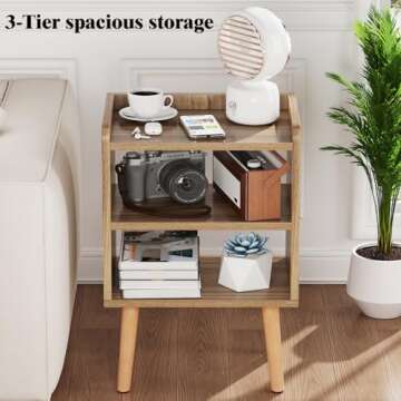 LUCKNOCK Night Stand, Modern Bedside Tables, Mid Century Nightstands with Open Storage Shelf, Wood Bedside Table, Small Night Stands for Bedroom, 3-Tier Night Table, Walnut.