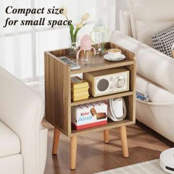 LUCKNOCK Night Stand, Modern Bedside Tables, Mid Century Nightstands with Open Storage Shelf, Wood Bedside Table, Small Night Stands for Bedroom, 3-Tier Night Table, Walnut.
