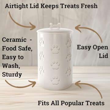 Dog Treat Container Airtight - 5" Round x 9" Tall Ceramic Dog Treat Jar with Lid - White Dog Treat C...