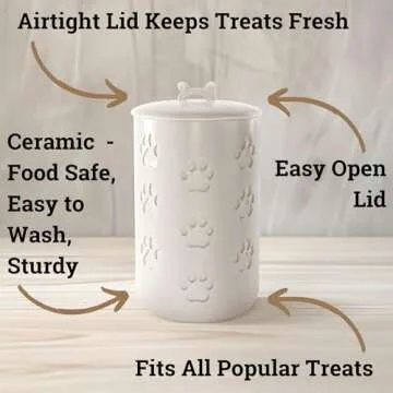 Dog Treat Container Airtight - 5" Round x 9" Tall Ceramic Dog Treat Jar with Lid - White Dog Treat C...