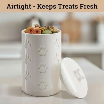 Dog Treat Container Airtight - 5" Round x 9" Tall Ceramic Dog Treat Jar with Lid - White Dog Treat Canister - Large Dog Cookie Jar for Dogs - Pet Treat Container Airtight - Dog Treat Jars for Pets