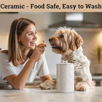 Dog Treat Container Airtight - 5" Round x 9" Tall Ceramic Dog Treat Jar with Lid - White Dog Treat Canister - Large Dog Cookie Jar for Dogs - Pet Treat Container Airtight - Dog Treat Jars for Pets
